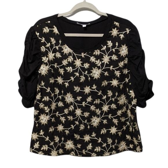ISLA MAUDE Embroidered Sequin Floral Ruched Sleeve Top XL - Picture 2 of 8